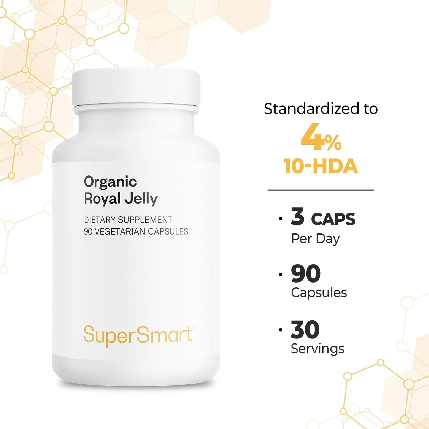 Supersmart - Organic Royal Jelly 300mg per Day (High Strength 4% 10-HDA) - Freeze-Dried Fresh Royal Jelly Supplement | Non-GMO & Gluten Free - 90 Vegetarian Capsules