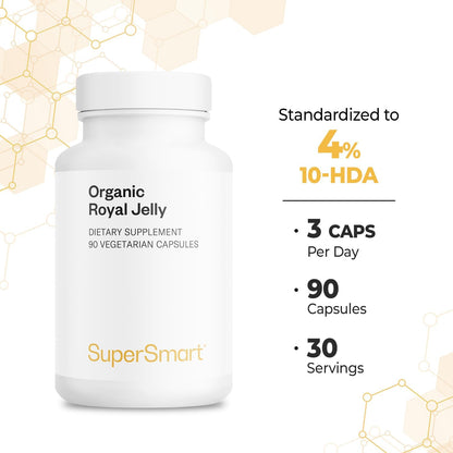 Supersmart - Organic Royal Jelly 300mg per Day (High Strength 4% 10-HDA) - Freeze-Dried Fresh Royal Jelly Supplement | Non-GMO & Gluten Free - 90 Vegetarian Capsules