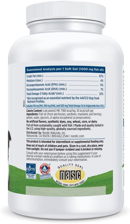 Nordic Naturals Omega-3 Fish Oil for Dogs with EPA + DHA - 180 Count | Easy-to-give soft gel capsules deliver 320 mg omega-3 per serving to support heart, skin, coat, and immune health in dogs