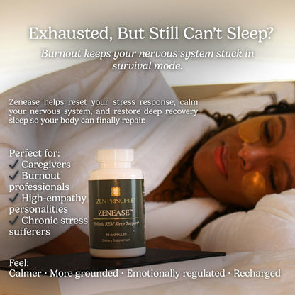Zen Principle Zenease Sleep Support with Magnesium Glycinate, Ashwagandha KSM-66®, Saffron, L-Theanine & GABA – No Melatonin, Natural Stress Relief & Sleep Aid. 90 Capsules