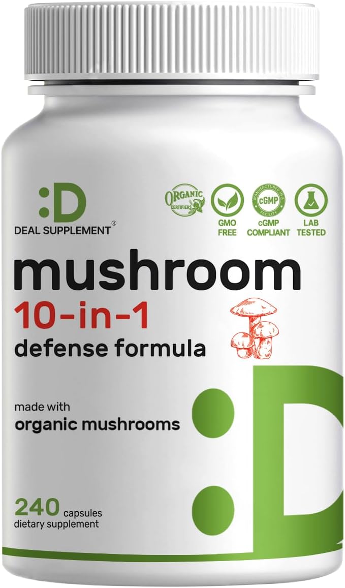 Organic 10-in-1 Mushroom Supplement, 240 Capsules – Lions Mane, Turkey Tail, Reishi, Cordyceps & More Mushroom Complex – Immune, Energy & Nootropic Brain Support – Non-GMO