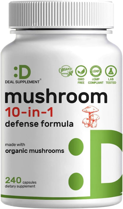 Organic 10-in-1 Mushroom Supplement, 240 Capsules – Lions Mane, Turkey Tail, Reishi, Cordyceps & More Mushroom Complex – Immune, Energy & Nootropic Brain Support – Non-GMO