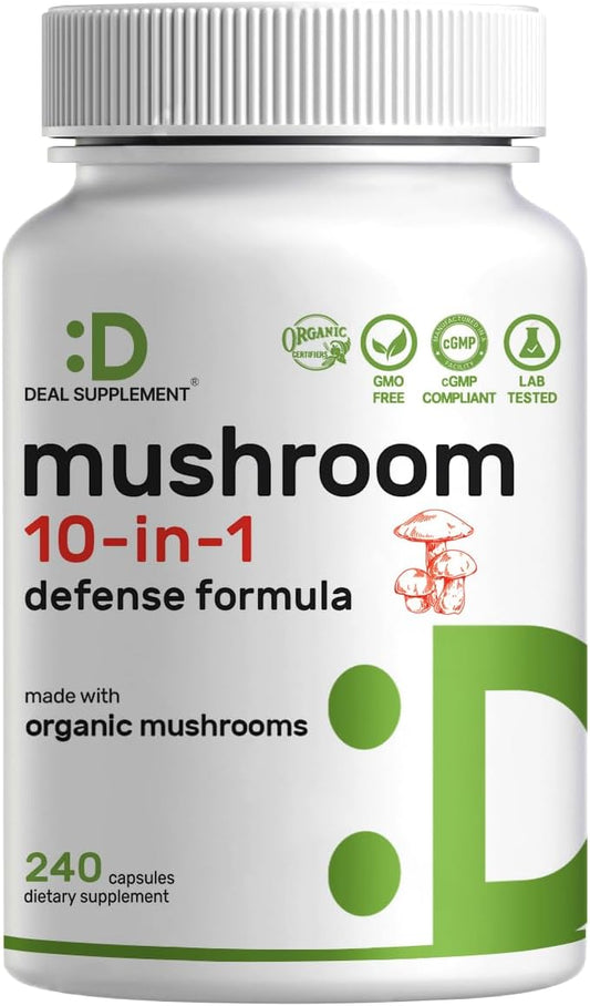 Organic 10-in-1 Mushroom Supplement, 240 Capsules – Lions Mane, Turkey Tail, Reishi, Cordyceps & More Mushroom Complex – Immune, Energy & Nootropic Brain Support – Non-GMO