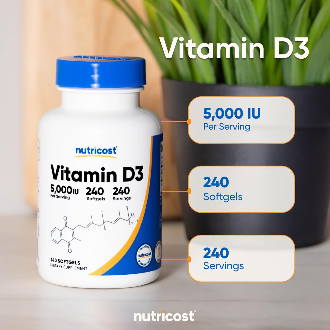 Nutricost Vitamin D3 5,000 IU (125mcg), 240 Softgels, GMO-Free | Gluten Free Vitamin D