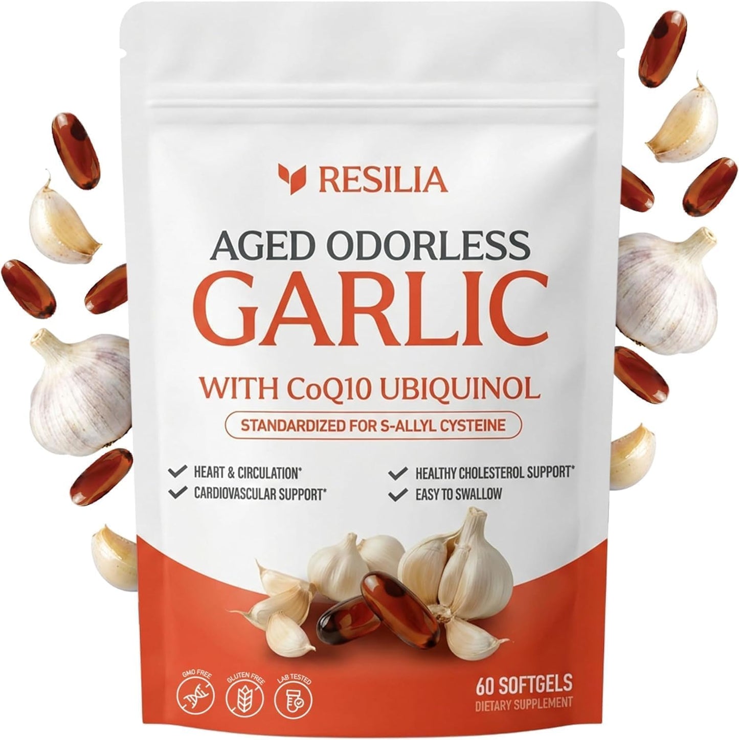 Resilia Garlic Extract 600mg Softgels (60ct) – Odorless Aged Garlic with CoQ10 Ubiquinol & Vitamin K2 as MK-7 – 20-Month Matured, Standardized for S-Allyl Cysteine - Heart & Immune Support