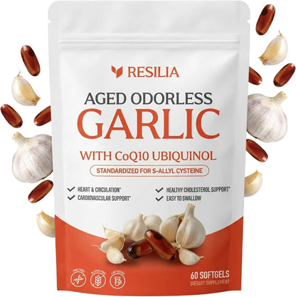 Resilia Garlic Extract 600mg Softgels (60ct) – Odorless Aged Garlic with CoQ10 Ubiquinol & Vitamin K2 as MK-7 – 20-Month Matured, Standardized for S-Allyl Cysteine - Heart & Immune Support