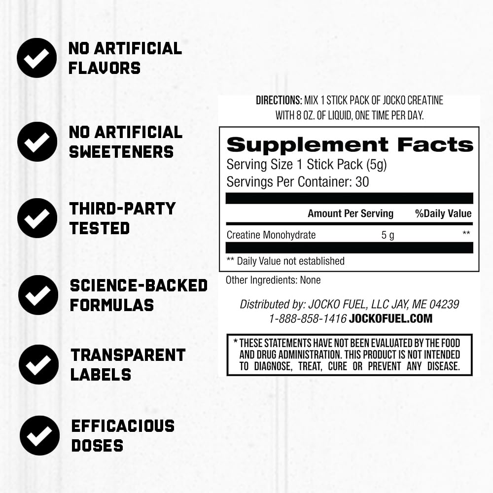 Jocko Fuel Creatine Monohydrate, Pure Micronized Powder for Men & Women, Supports Muscle Growth, Strength, Recovery & Cognition, Unflavored, 450 Grams, 90 Servings