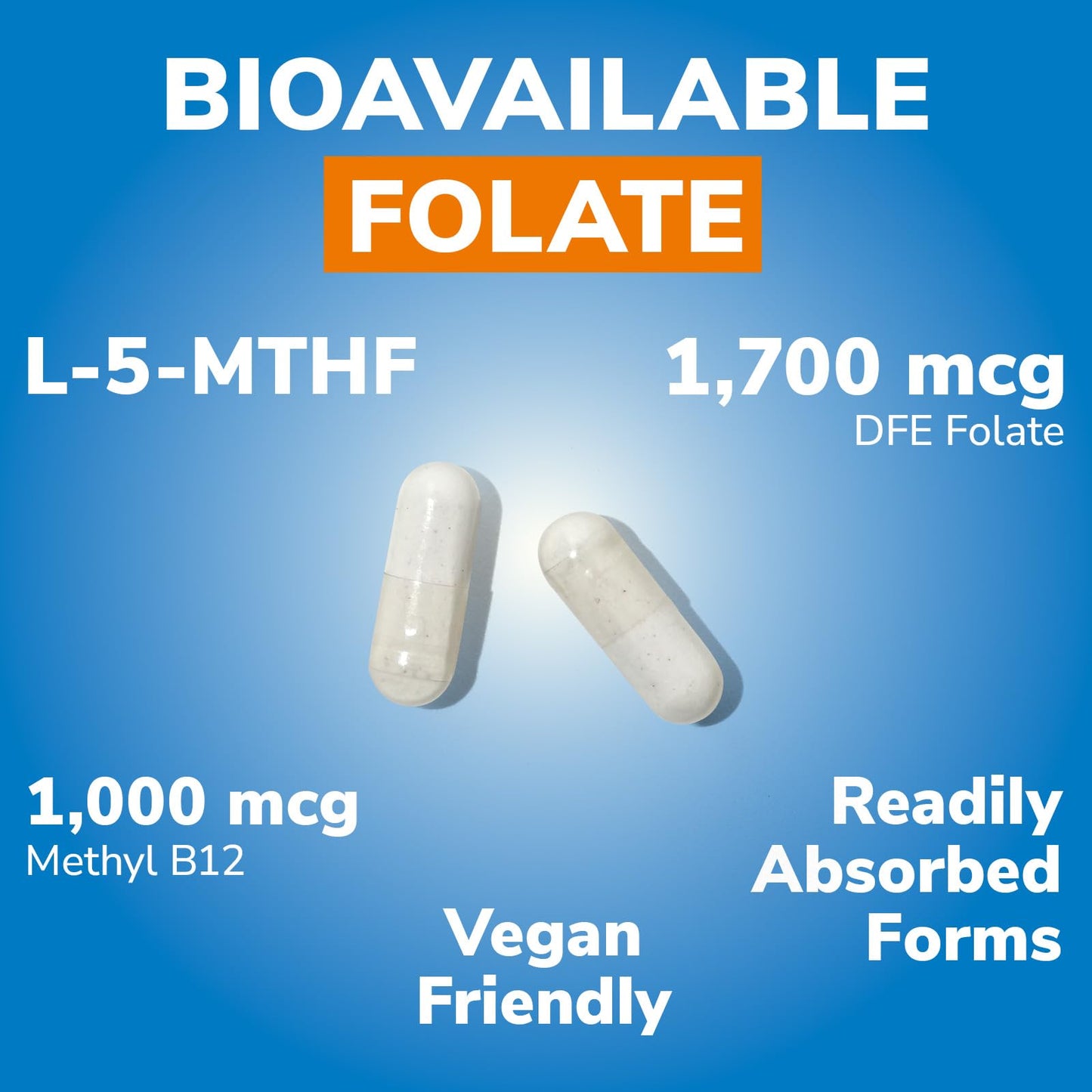 Vitalibre Methyl Folate 1000 mcg, L-5-MTHF with Methylcobalamin B12, Heart & Blood Health, Healthy Nervous System, Energy Support, Vegan, Bioactive Form, Best Absorption, 60 Capsules