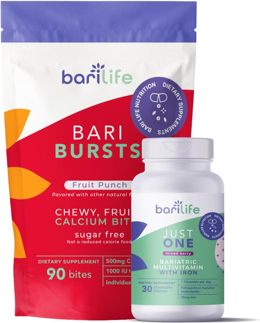 Bari Life Just One Chewable: Once Daily Bariatric Multivitamin + Iron and and BariBurst Calcium Citrate Soft Chews for Gastric Bypass, Gastric Sleeve and Duodenal Switch (Fruit Punch)