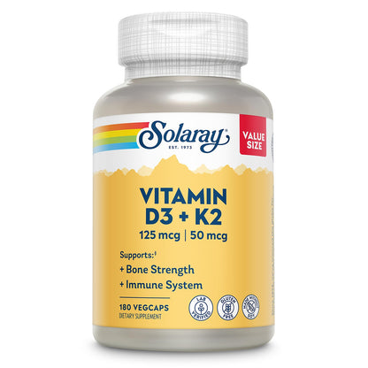 SOLARAY Vitamin D3 K2 - Bone Health and Immune Support Supplement - With 5000 IU Vitamin D as Vit D3 and 50 mcg Vitamin K2 as Menoquinone MK7, Made Without Soy, 60-Day Guarantee, 120 Serv, 120 VegCaps