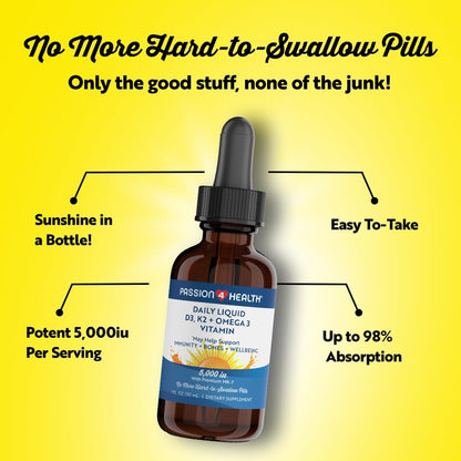 Passion 4 Health Organic Liquid Vitamin D3 K2 (Mk-7) + Omega 3 Supplement - Liquid Vitamin D Drops (5000IU) - Support for Healthy Bones and Muscles