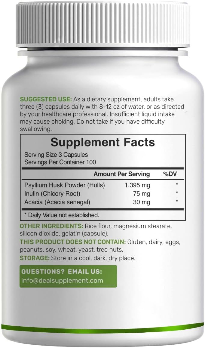 Psyllium Husk 1500mg Per Serving, 300 Capsules – 3 in 1 Fiber Supplement with Inulin & Acacia Complex – Natural Soluble Fiber, Supports Digestive Health* – Plant Based, Non-GMO