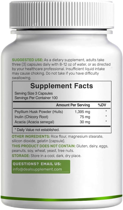 Psyllium Husk 1500mg Per Serving, 300 Capsules – 3 in 1 Fiber Supplement with Inulin & Acacia Complex – Natural Soluble Fiber, Supports Digestive Health* – Plant Based, Non-GMO