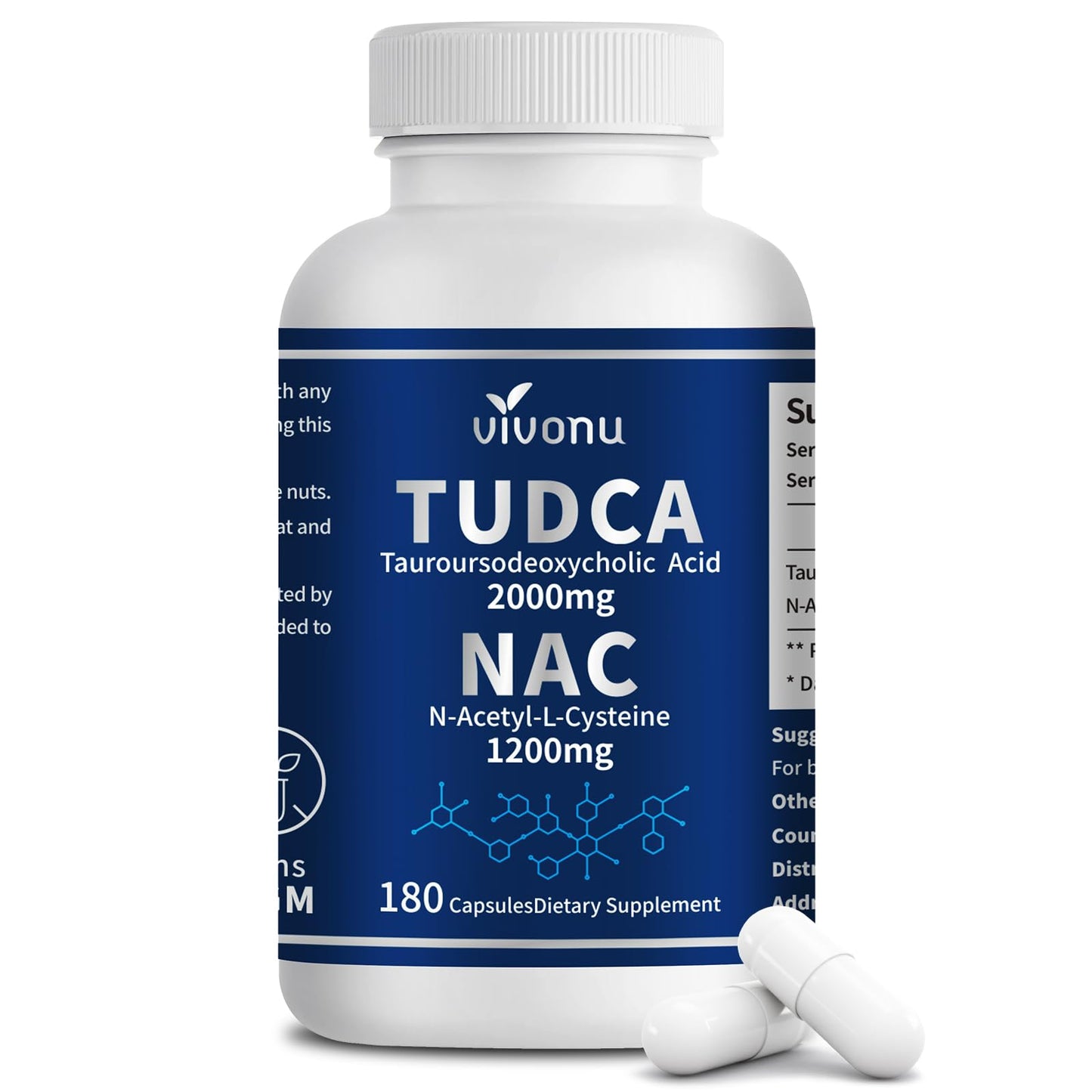 VivoNu TUDCA 675mg + NAC 375mg Supplement Complex Capsules, Powerful TUDCA Bile Salt + N Acetyl Cysteine, Antioxidant Supplements for Liver & Lung& Gallbladder Cleanse, Digestion - 180 Capsules