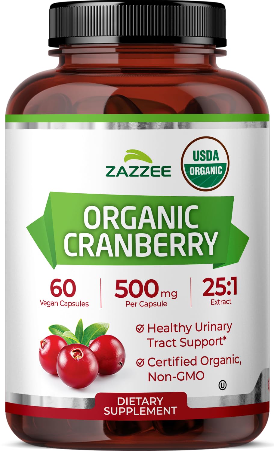 Zazzee USDA Organic Cranberry 25:1 Extract, 500 mg per Capsule, 100 Vegan Capsules, 3+ Month Supply, Certified Kosher, Vaccinium Macrocarpon, Non-GMO, Made in the USA