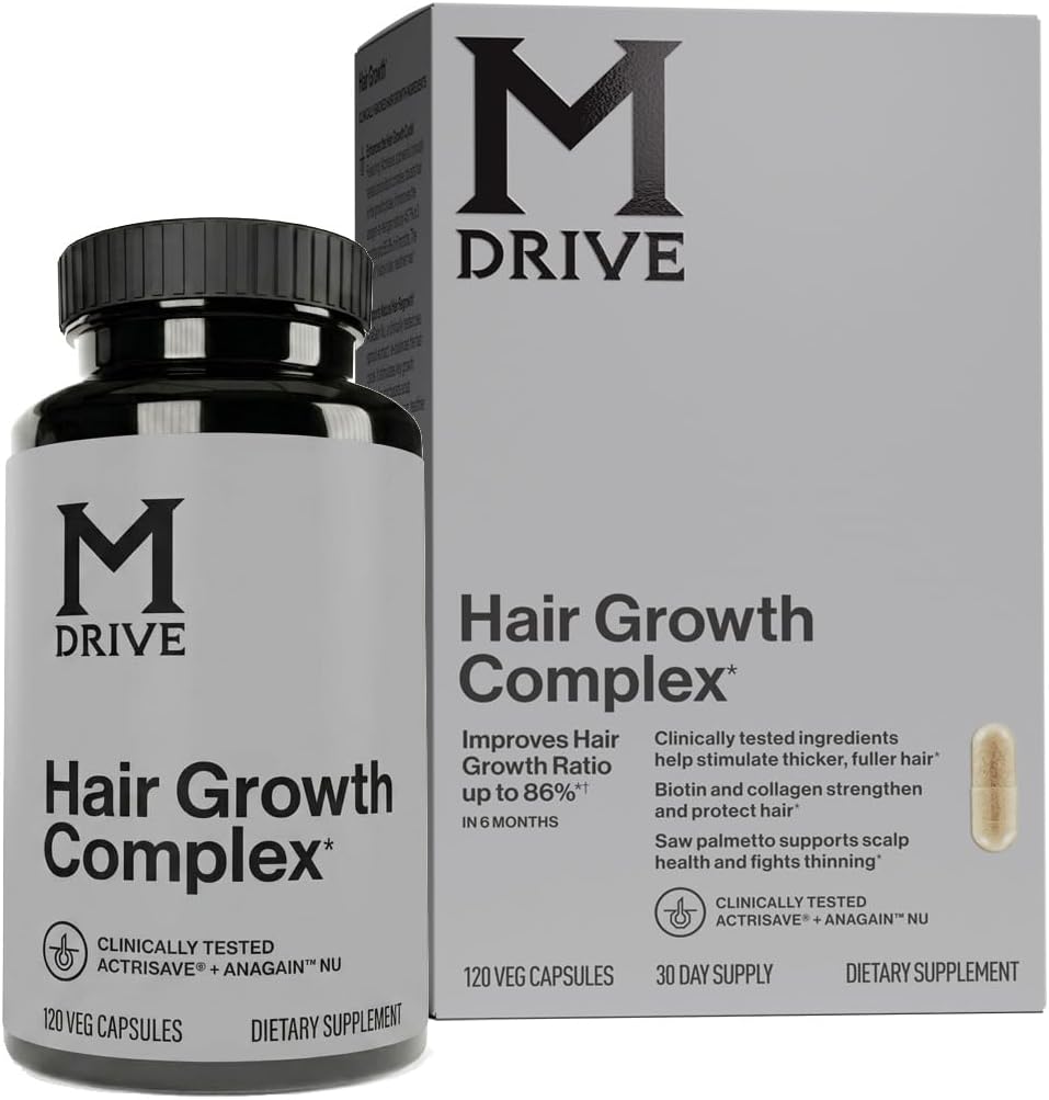 Mdrive Men's Hair Growth Complex Biotin Saw Palmetto 120 Capsules | Collagen Peptides AnaGain™ Nu Stimulate Thicker Fuller Locks Fights Thinning Scalp Support Non GMO Gluten Free