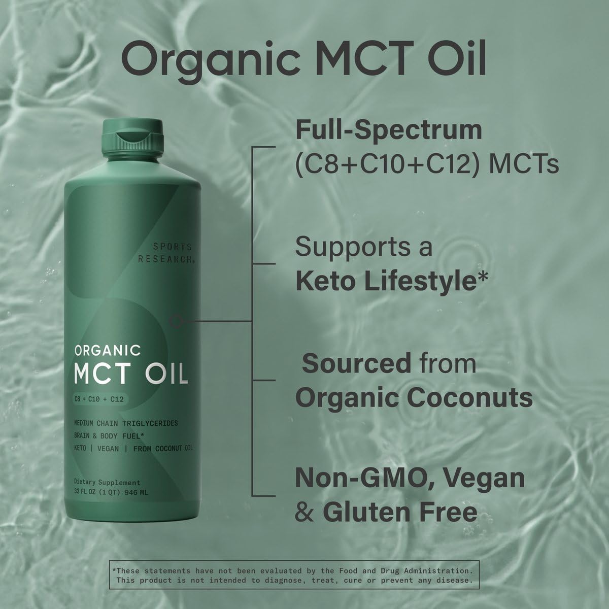 Sports Research Organic MCT Oil - Keto & Vegan MCTs C8, C10, C12 from Coconuts - Fatty Acid Brain & Body Fuel, Non-GMO & Gluten Free - Flavorless Oil, Perfect in Coffee, Tea & Protein Shakes - 32 oz