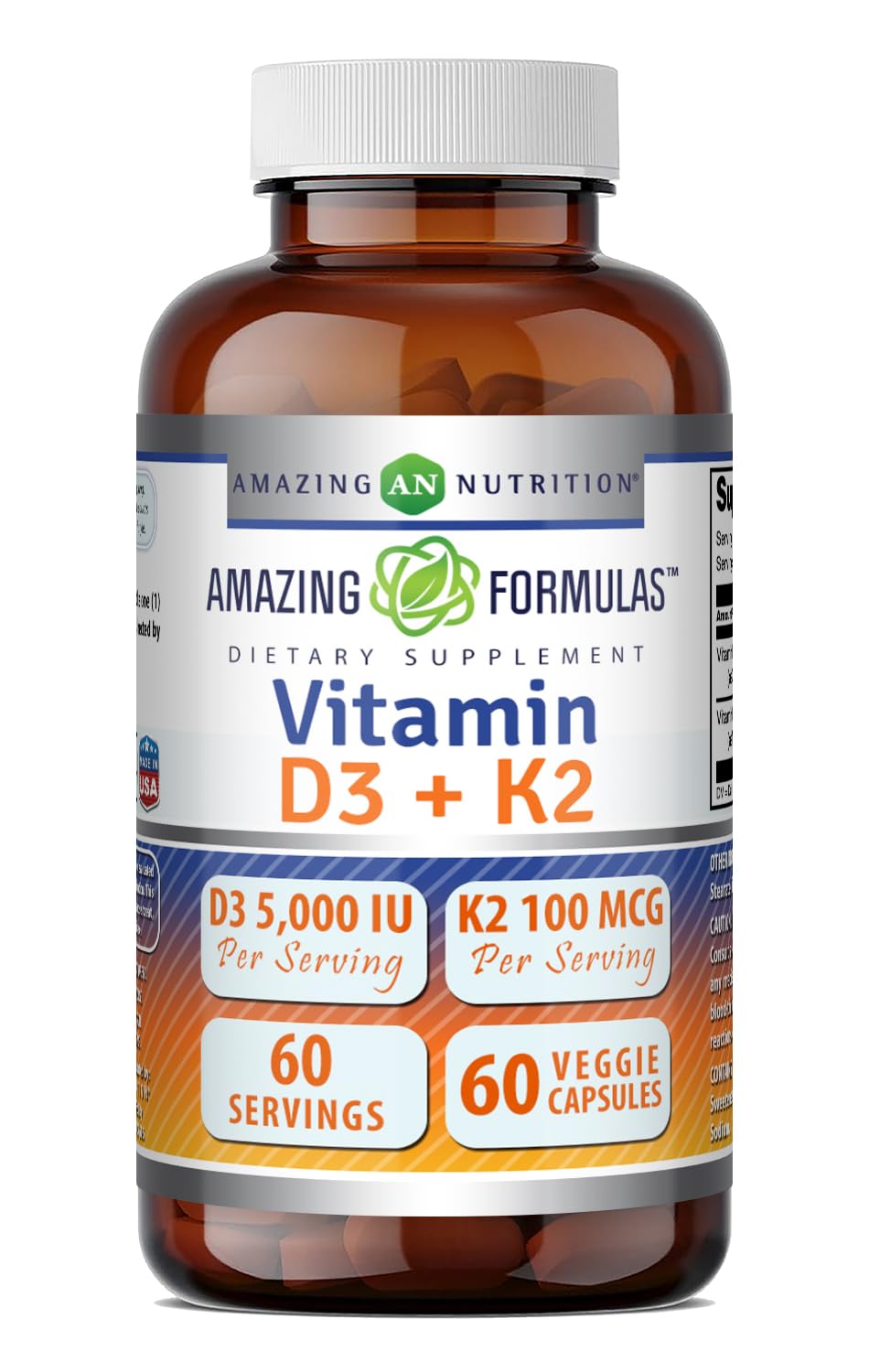 Amazing Formulas Vitamin D3 5000 IU with Vitamin K2 100 Mcg| 250 Veggie Capsules | D3 + K2 Complex | Non-GMO | Gluten Free | Made in USA