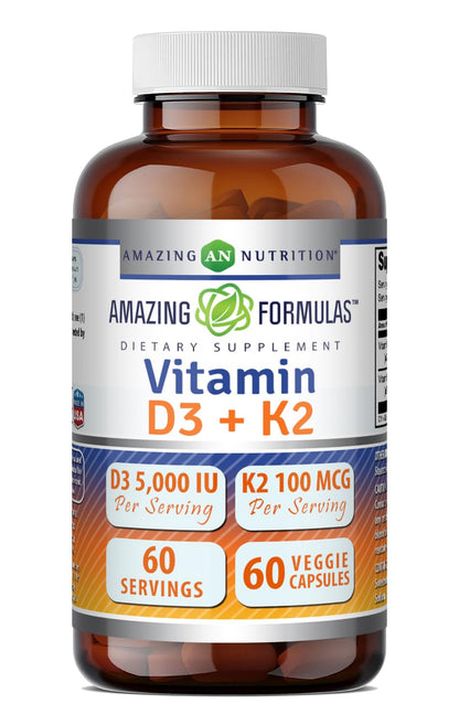 Amazing Formulas Vitamin D3 5000 IU with Vitamin K2 100 Mcg| 250 Veggie Capsules | D3 + K2 Complex | Non-GMO | Gluten Free | Made in USA
