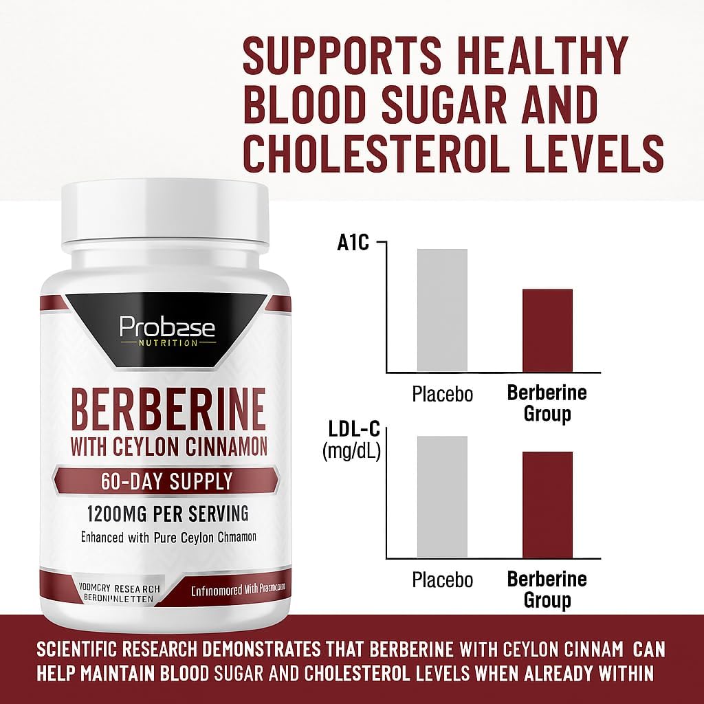Probase Nutrition Berberine 1200mg with Ceylon Cinnamon Extract - Gluten Free and Vegan - 120 Capsules - Herbal Supplement
