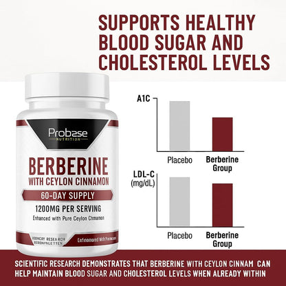 Probase Nutrition Berberine 1200mg with Ceylon Cinnamon Extract - Gluten Free and Vegan - 120 Capsules - Herbal Supplement