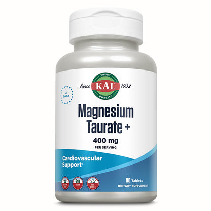 KAL Magnesium Taurate 400mg Plus Vitamin B6, Chelated Magnesium Supplement, High Absorption Magnesium Complex, Muscle and Heart Health Support, Vegan, Gluten Free, 60-Day Guarantee, 60 Serv, 120 Tabs