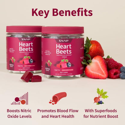 Snap Supplements Beet Root Soft Chews, Mixed Berry, 60 Sugar-Free Chews | For Adults 35+ and Heart Health Shoppers - Beetroot Extract with CoQ10, Vegan Formula, Daily Heart Support Chews