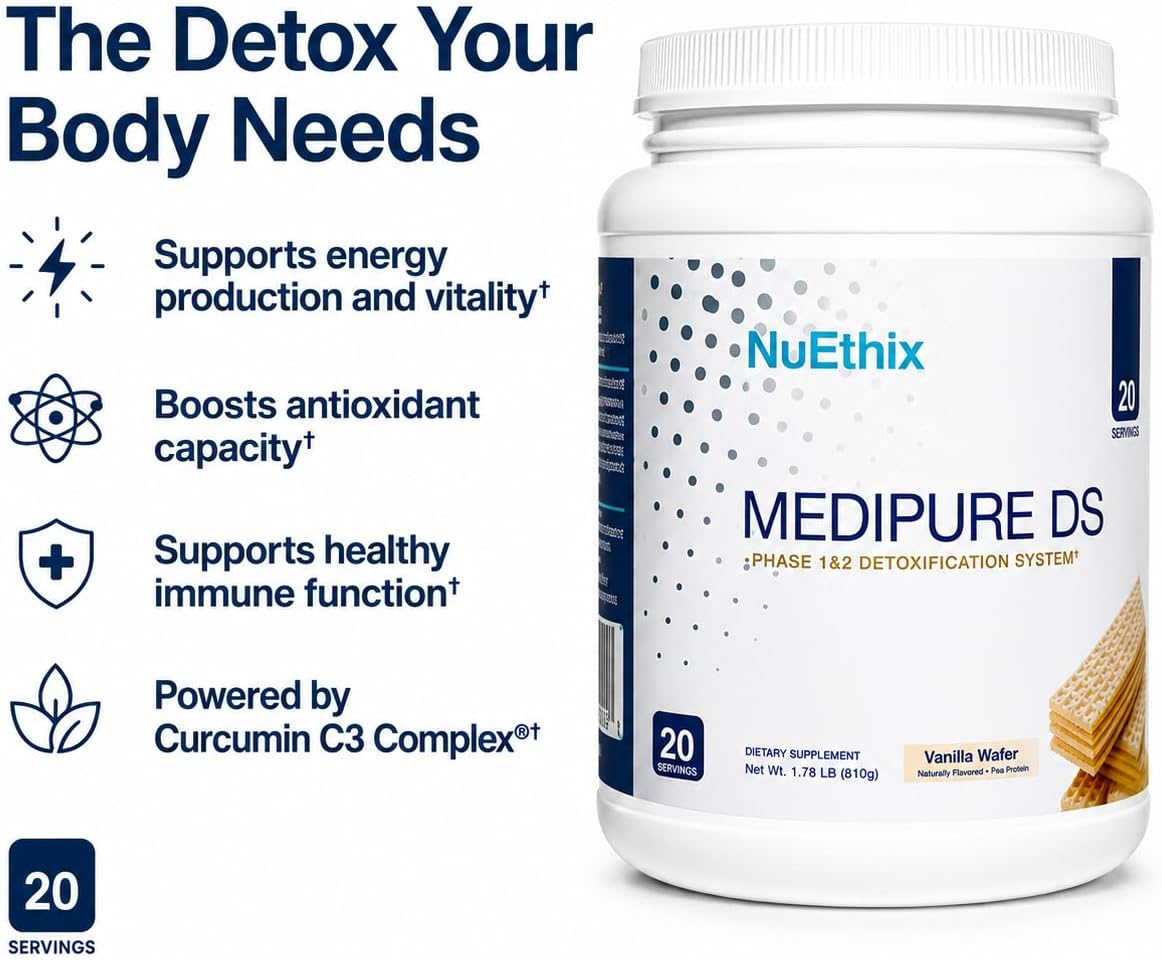 NuEthix Formulations Medipure DS with Pea Protein Powder 19g, Phase 1 & 2 Detoxification System, Supports the Body’s Natural Detoxification Process, Vanilla Wafer (Non-Caffeinated), 20 Servings