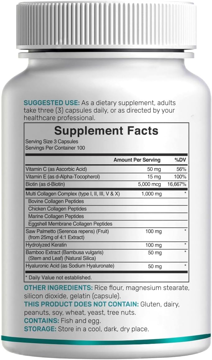 Multi Collagen Pills for Women & Men with Vitamin C, E & Biotin, 300 Capsules – Type I, II, III, V, X Hydrolyzed Collagen Peptides – 11 in 1 Formula with Saw Palmetto, Bamboo Silica, & Hyaluronic Acid