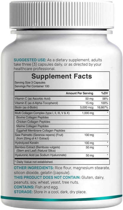 Multi Collagen Pills for Women & Men with Vitamin C, E & Biotin, 300 Capsules – Type I, II, III, V, X Hydrolyzed Collagen Peptides – 11 in 1 Formula with Saw Palmetto, Bamboo Silica, & Hyaluronic Acid