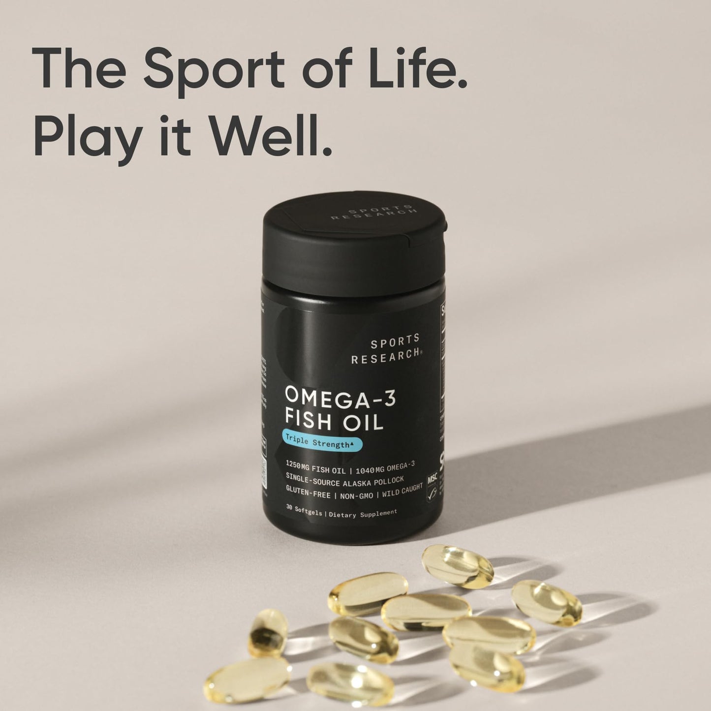 Sports Research® Omega-3 Fish Oil 1250 - Triple Strength Fish Oil Supplement from Wild Alaska Pollock - MSC Certified Sustainable · Non-GMO · Soy Free - 90 Softgel Capsules