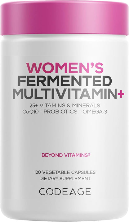 Codeage Women’s Daily Multivitamin, 25+ Vitamins & Minerals, Fermented, Organic Whole Foods, Probiotics Supplement - Vitamin A, B, C, D, E & K, Omega 3, Zinc – Vegan - 120 Capsules