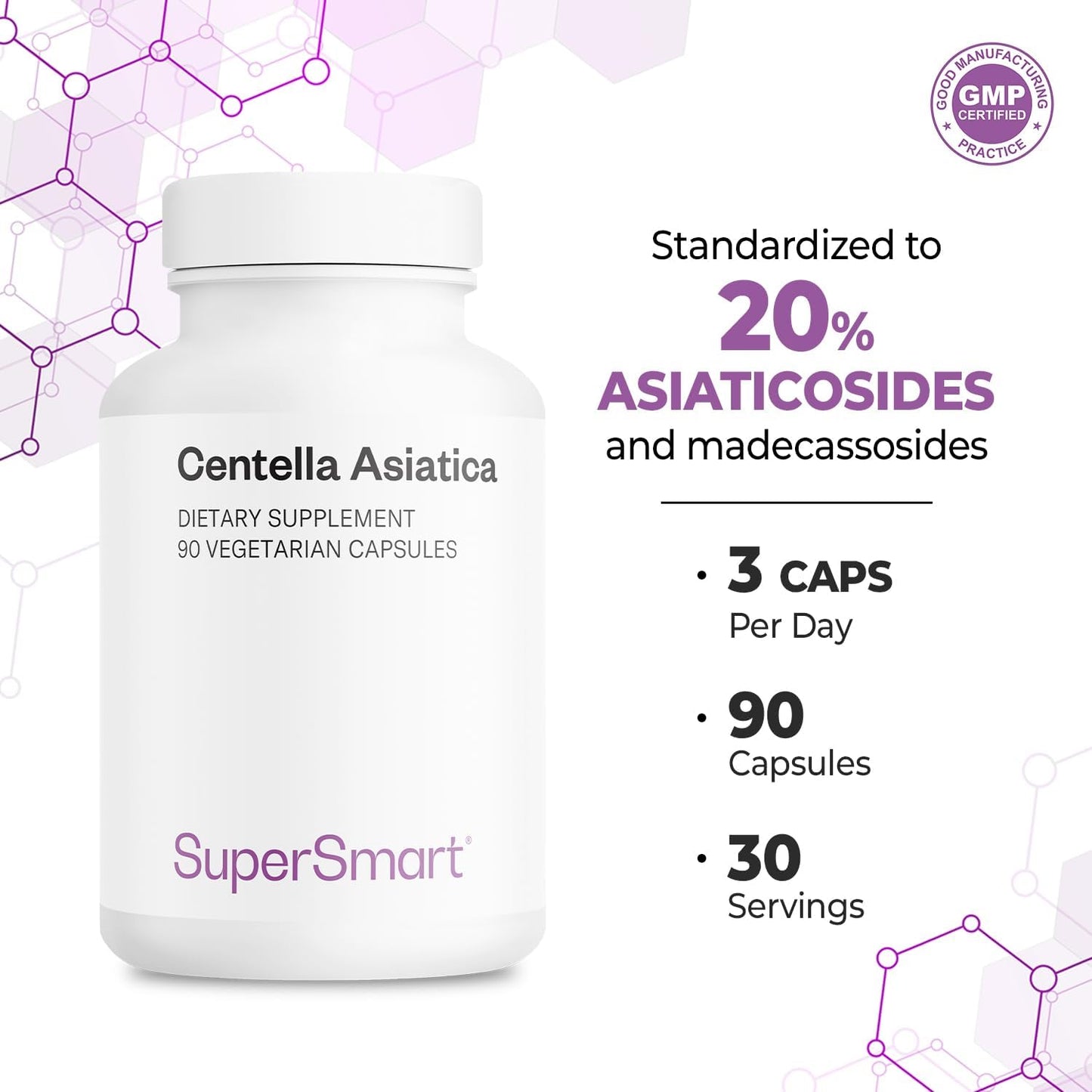 Supersmart - Centella Asiatica 180mg per Day - Gotu Kola Extract Supplement | Non-GMO & Gluten Free - 90 Vegetarian Capsules