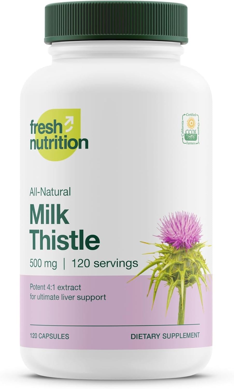 Fresh Nutrition Organic Milk Thistle Supplement - Potent Strength – 4 Month Supply – Silymarin Thistle Seed Standardized Extract 4:1 - Made in The USA - 120 Capsules