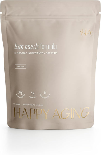 Happy Aging Vegan Protein Powder for Women, 20g Organic Pea & Pumpkin Seed Protein, 5g Creatine for Women, Monk Fruit Sweetened, Organic Cocoa & Chia, Vegan Plant Based Protein