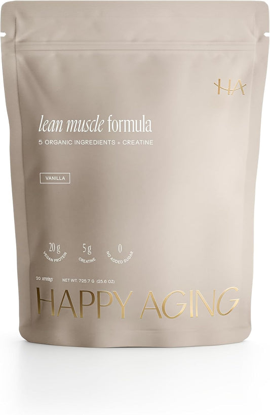 Happy Aging Vegan Protein Powder for Women, 20g Organic Pea & Pumpkin Seed Protein, 5g Creatine for Women, Monk Fruit Sweetened, Organic Cocoa & Chia, Vegan Plant Based Protein