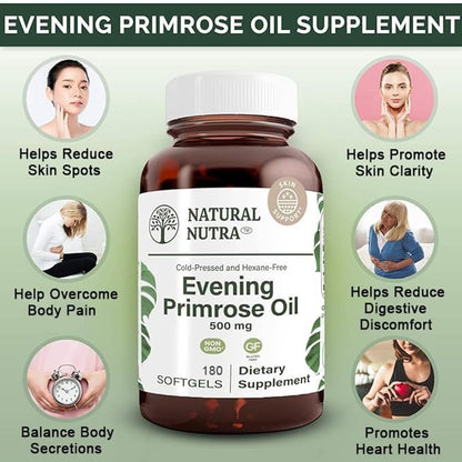 Natural Nutra Evening Primrose Oil Supplement, 500 mg, 90 Softgels | Nerve Health, Helps Reduce Skin Blemishes & Fatty Acid, Balance Body Secretions, Promote Heart Health, Skin Clarity