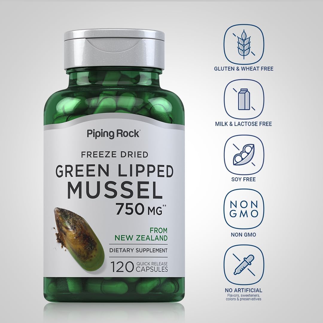 Piping Rock Green Lipped Mussel | 120 Capsules | Supplement for Humans | Freeze Dried from New Zealand | Non-GMO, Gluten Free