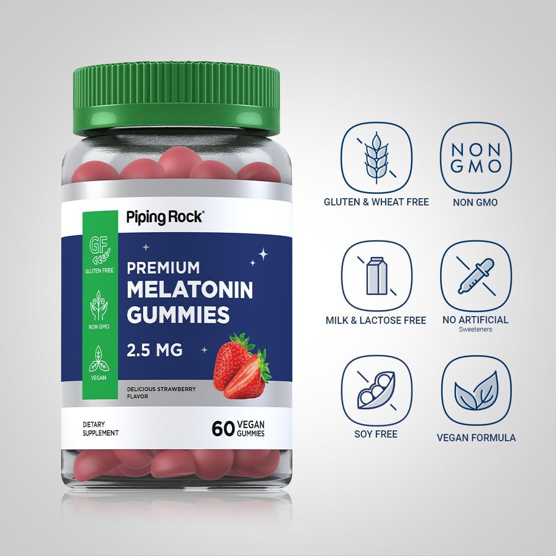 Piping Rock Melatonin Gummies 2.5 mg | 60 Count | Strawberry Flavor Gummy | Vegan, Non-GMO, Gluten Free Supplement