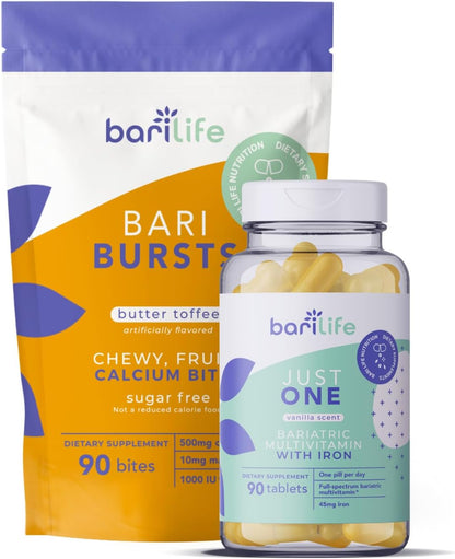 Bari Life Just One, Once Daily Bariatric Multivitamin with Iron (90 Tablets) and BariBurst Calcium Citrate Soft Chews for Gastric Bypass, Gastric Sleeve and Duodenal Switch (Butter Toffee)