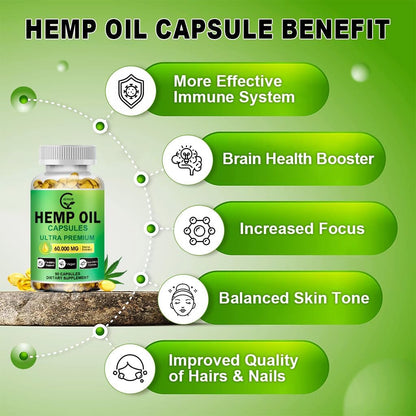 (2-Pack) High Potency Hemp Oil Capsules - 180 Veggie Softgels - 60,000 Maximum Strength, Immune System Support, Focus Calm, Relaxation, Mood, Pure Extract, Organic, Vegan, Non-GMO