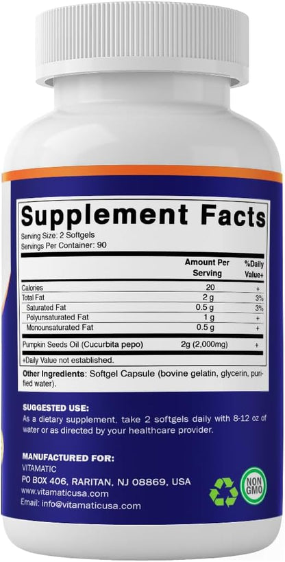 Vitamatic Pumpkin Seed Oil 2000mg Softgel Capsules, 180 Softgels | 1000mg per Softgel