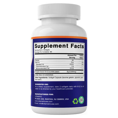 Vitamatic Pumpkin Seed Oil 2000mg Softgel Capsules, 180 Softgels | 1000mg per Softgel