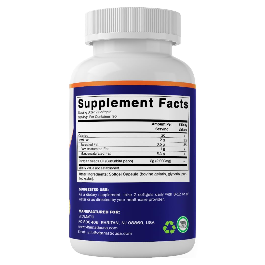 Vitamatic Pumpkin Seed Oil 2000mg Softgel Capsules, 180 Softgels | 1000mg per Softgel