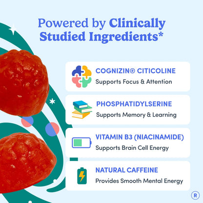 Teen Focus Gummies with Cognizin Citicoline, PS & Vitamin B3 for Ages 13-18