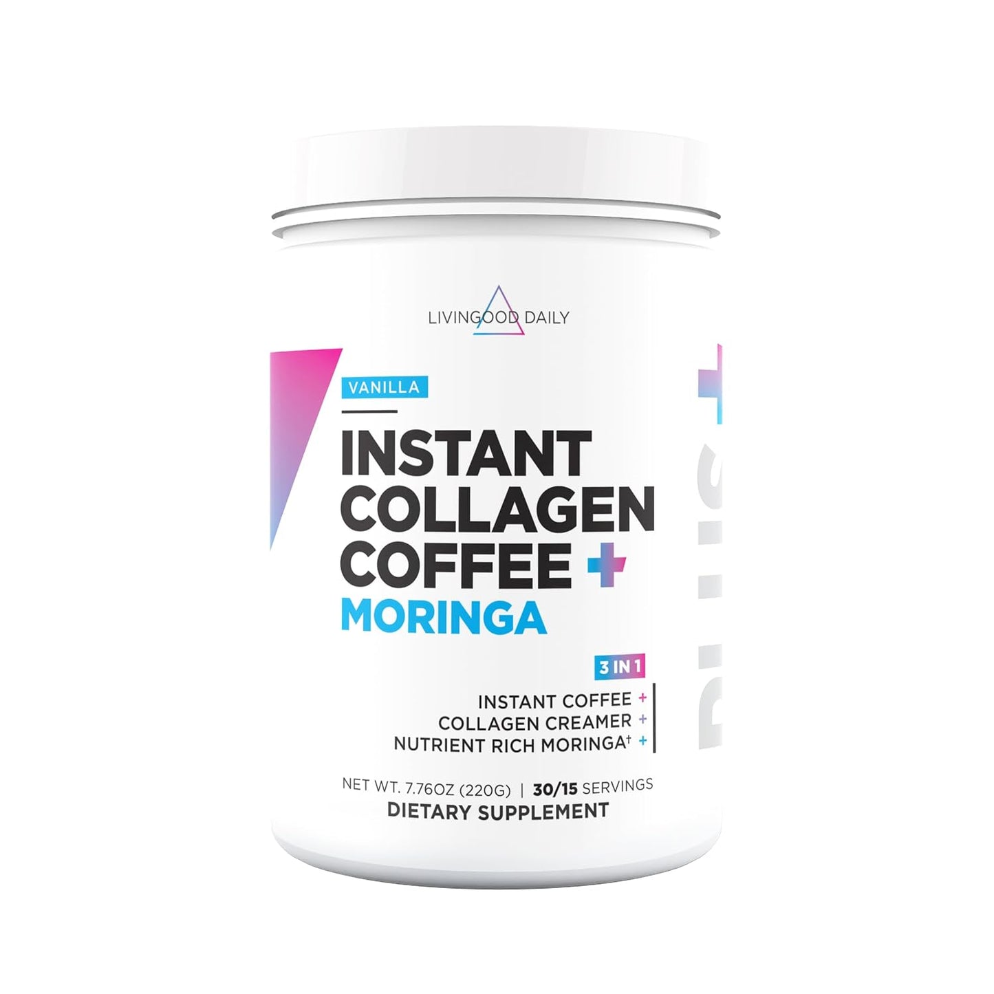 Livingood Daily Instant Collagen Coffee with Moringa, Vanilla - Instant Ground Coffee - Low Acid, Shade Grown & Made with Organic Coffee - Metabolism, Detox & Energy Boosting - 12 Oz