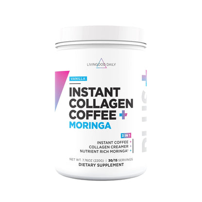 Livingood Daily Instant Collagen Coffee with Moringa, Vanilla - Instant Ground Coffee - Low Acid, Shade Grown & Made with Organic Coffee - Metabolism, Detox & Energy Boosting - 12 Oz