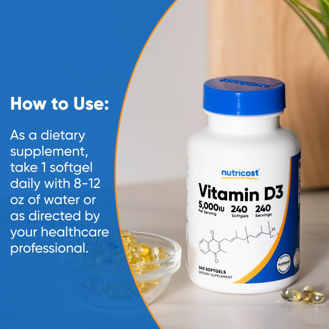 Nutricost Vitamin D3 5,000 IU (125mcg), 240 Softgels, GMO-Free | Gluten Free Vitamin D