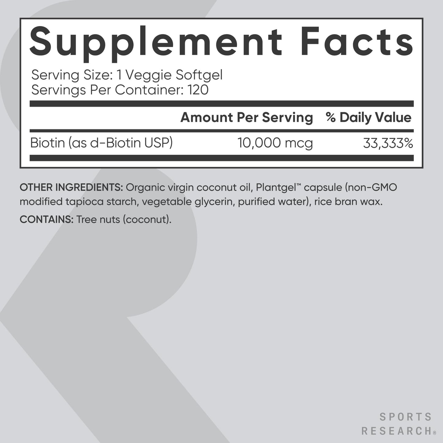 Sports Research® Biotin 10,000mcg with Organic Coconut Oil - Biotin (Vitamin B7) for Healthy Skin and Hair Support* - for Women and Men - Vegan, Non-GMO, Gluten & Soy-Free - 120 Veggie Softgels