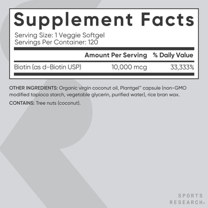 Sports Research® Biotin 10,000mcg with Organic Coconut Oil - Biotin (Vitamin B7) for Healthy Skin and Hair Support* - for Women and Men - Vegan, Non-GMO, Gluten & Soy-Free - 120 Veggie Softgels